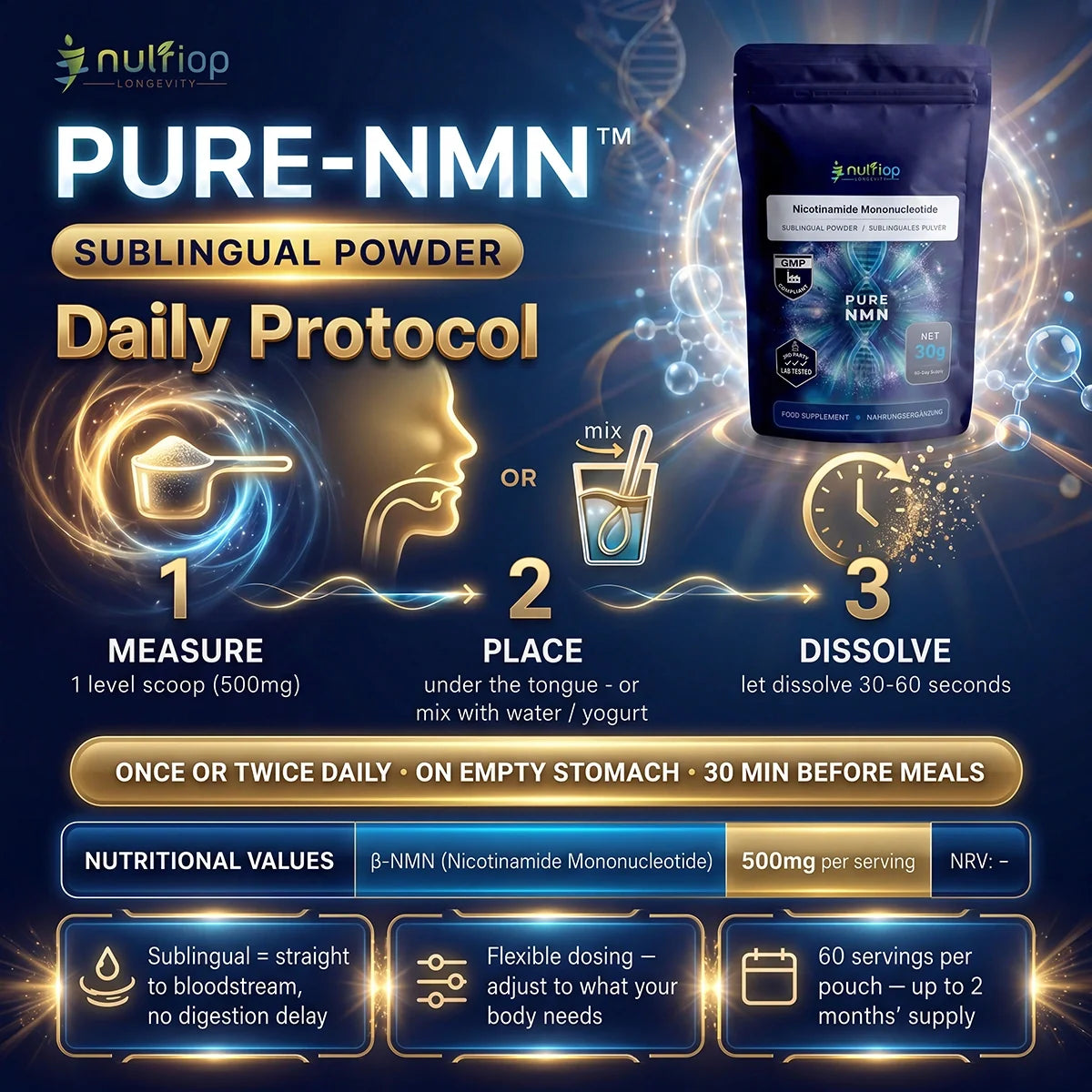 Nutriop® Pure NMN Sublingual Powder - Direct NAD+ Precursor (30g)